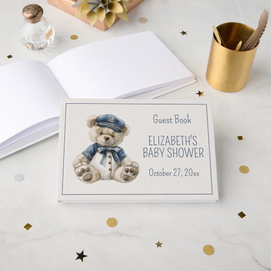 Cute Nautical Blue Baby Bear Baby Shower Gästebuch (Vorderseite Offen)