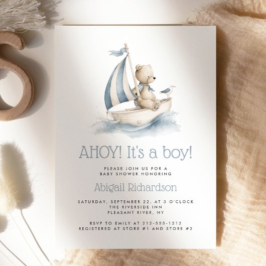 Cute Nautical Teddy Bear Boy Baby Shower Einladung