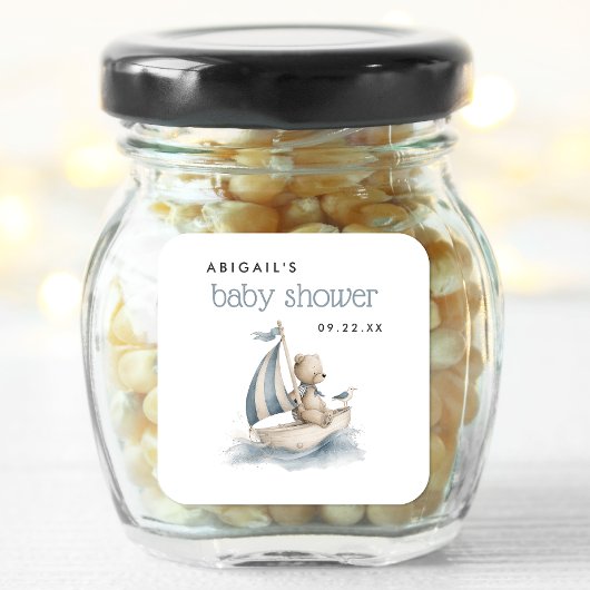Cute Nautical Teddy Bear Boys Baby Shower Quadratischer Aufkleber