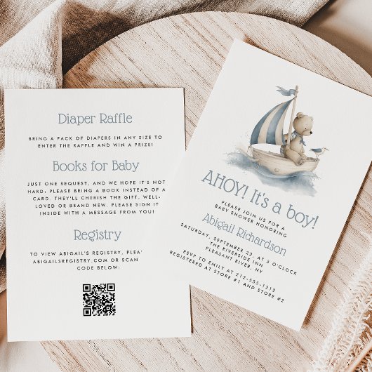 Cute Nautical Teddy Bear QR Code Boy Baby Shower Einladung