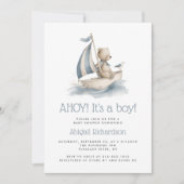 Cute Nautical Teddy Bear QR Code Boy Baby Shower Einladung (Vorderseite)