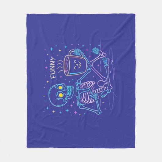 Cute Neon Skeleton Drinking Coffee – Funny Pastel Fleecedecke (Vorderseite)