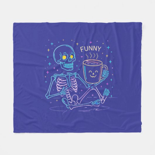 Cute Neon Skeleton Drinking Coffee – Funny Pastel Fleecedecke (Vorderseite (Horizontal))