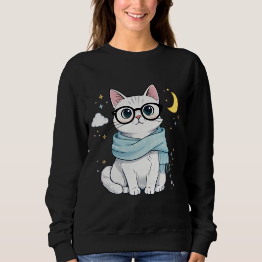 Cute Nerdy Cat with Glasses and Scarf Sweatshirt (Vorderseite)