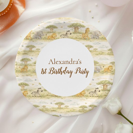Cute Neutral Safari Animals First Birthday Pappteller