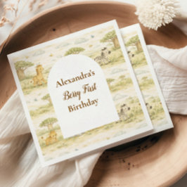 Cute Neutral Safari Animals First Birthday Serviette