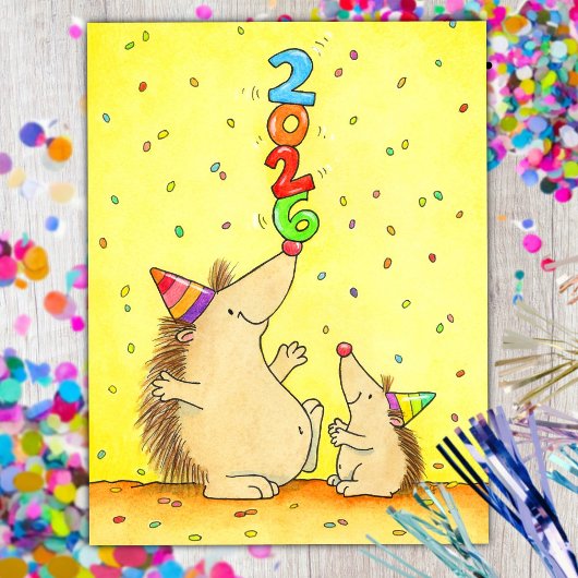 Cute New Year 2026 – Cartoon Hedgehogs for Kids Postkarte