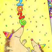 Cute New Year 2026 – Cartoon Hedgehogs for Kids Postkarte