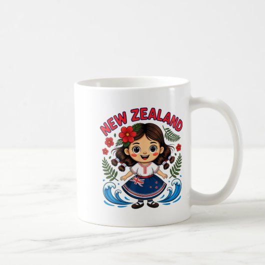Cute New Zealand Girl With Fern And Waves Dor Kids Kaffeetasse (Rechts)