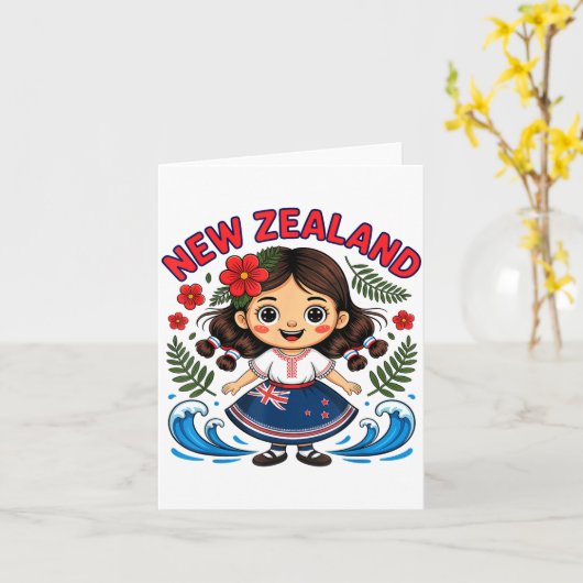 Cute New Zealand Girl With Fern And Waves Dor Kids Karte (Gelbe Blume)