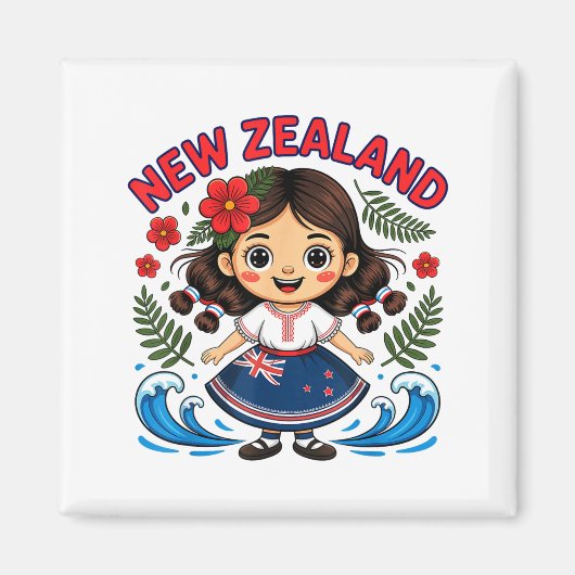 Cute New Zealand Girl With Fern And Waves Dor Kids Magnet (Vorne)