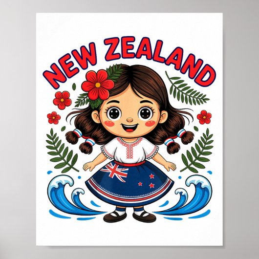 Cute New Zealand Girl With Fern And Waves Dor Kids Poster (Vorne)
