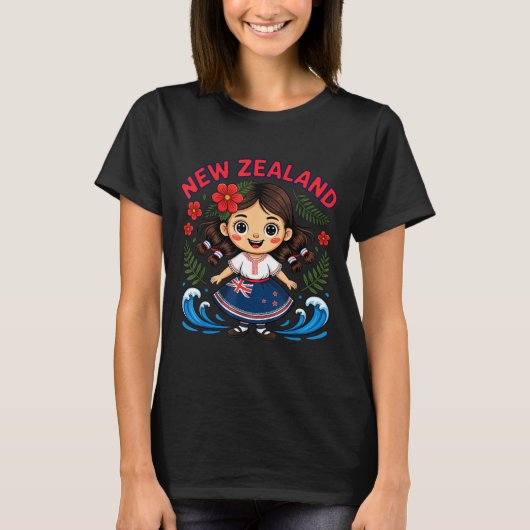 Cute New Zealand Girl With Fern And Waves Dor Kids T-Shirt (Vorderseite)