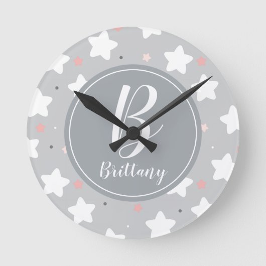 Cute Night Sky with Custom Monogram and Name Runde Wanduhr (Vorderseite)