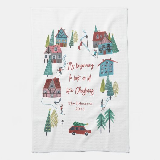 Cute Nordic skating Village Geschirrtuch (Vertikal)