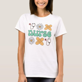 Cute Nurse Design with Flowers and Medical Icons T-Shirt