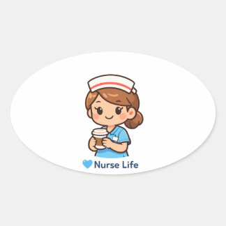Cute Nurse Life Coffee Illustration | Nurse Sticke Ovaler Aufkleber