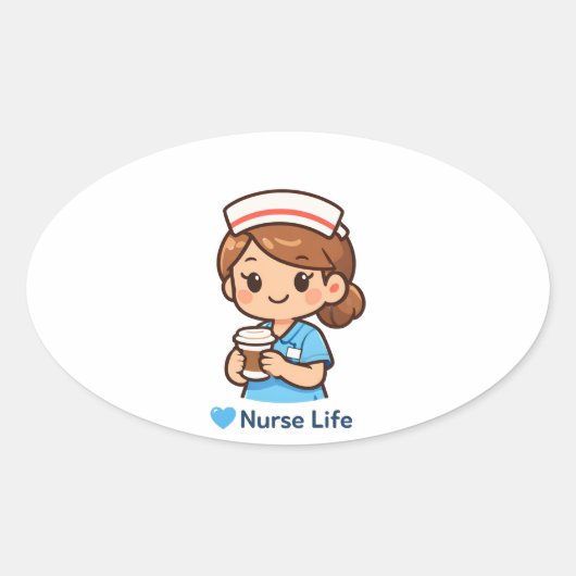 Cute Nurse Life Coffee Illustration | Nurse Sticke Ovaler Aufkleber (Vorderseite)