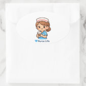 Cute Nurse Life Coffee Illustration | Nurse Sticke Ovaler Aufkleber (Tasche)