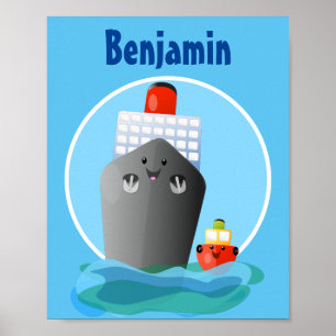 Cute ocean liner ship tug cartoon illustration poster