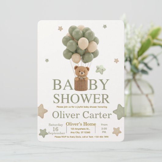Cute Olive Green Boy Baby Shower Invitation Einladung (Stehend Vorderseite)