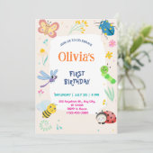 Cute One Bug & Butterflies 1st Birthday Invitation Einladung (Stehend Vorderseite)