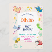 Cute One Bug & Butterflies 1st Birthday Invitation Einladung (Vorne/Hinten)