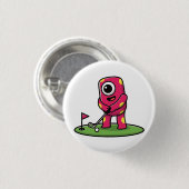Cute One-Eyed Pink Monster Playing Golf Cartoon Button (Vorne & Hinten)