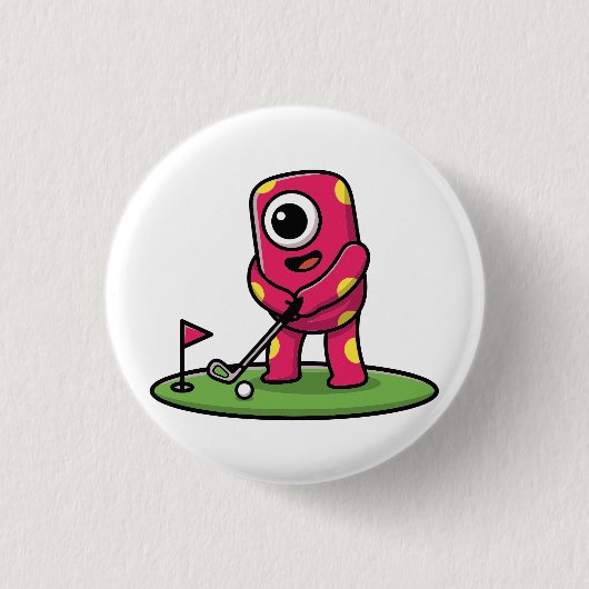 Cute One-Eyed Pink Monster Playing Golf Cartoon Button (Vorderseite)