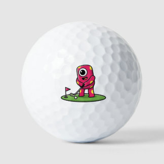 Cute One-Eyed Pink Monster Playing Golf Cartoon Golfball