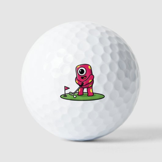 Cute One-Eyed Pink Monster Playing Golf Cartoon Golfball (Vorderseite)