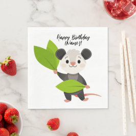 Cute Opossum Green Leaves & Happy Birthday Serviette