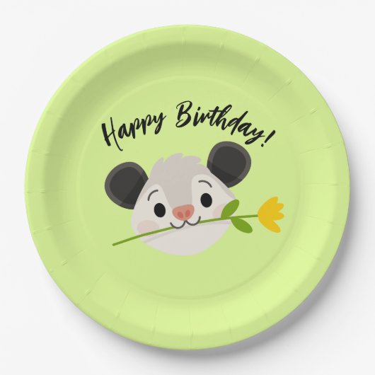 Cute Opossum Head with Flower, “Happy Birthday!” Pappteller (Vorderseite)