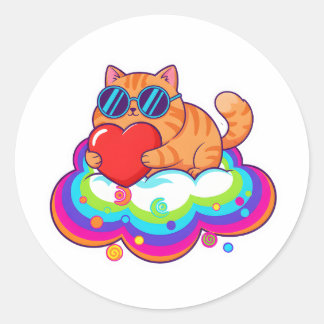 Cute Orange Cat Holding Red Heart on Rainbow Cloud Runder Aufkleber