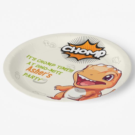 Cute Orange Dinosaur Birthday Party Paper Plates Pappteller (Schrägansicht)