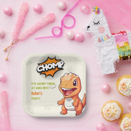 Cute Orange Dinosaur Birthday Party Square Pappteller (Party)