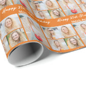 Cute Orange Happy Birthday Photo Collage Custom Geschenkpapier (Rolleneckpunkt)