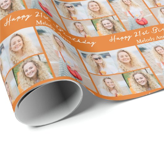 Cute Orange Happy Birthday Photo Collage Custom Geschenkpapier (Rolleneckpunkt)