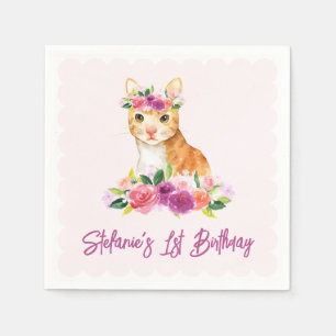Cute Orange Katze und lila Blumen Geburtstag Serviette