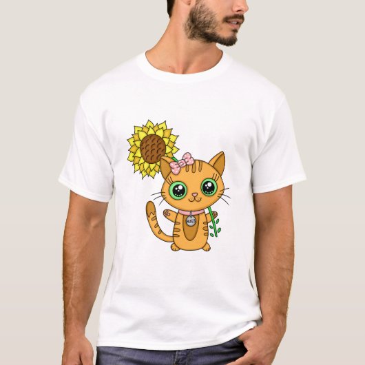 Cute Orange Kawaii Cat with Sunflower T-Shirt (Vorderseite)