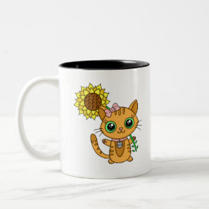 Cute Orange Kawaii Cat with Sunflower Zweifarbige Tasse