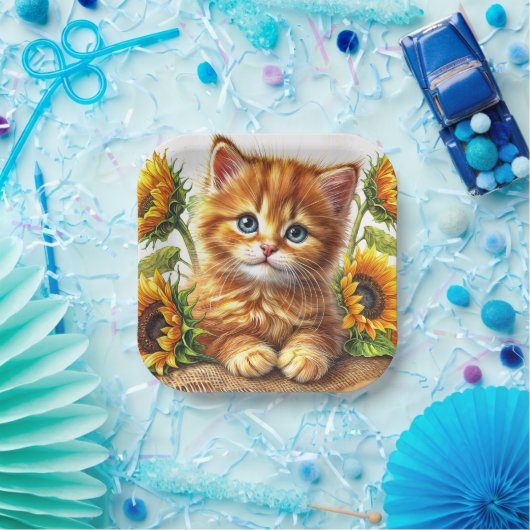 Cute Orange Kitten Among Sunflowers Pappteller (Party)