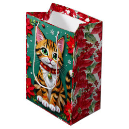 Cute Orange Kitty Cat and Poinsettia Christmas Mittlere Geschenktüte