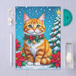 Cute Orange Kitty Cat and Poinsettia Christmas Seidenpapier