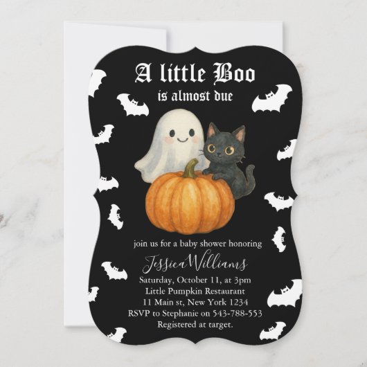 Cute Orange Pumpkin Cat Bats Halloween Baby Shower Einladung (Vorderseite)