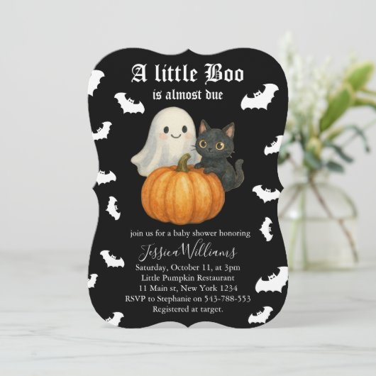 Cute Orange Pumpkin Cat Bats Halloween Baby Shower Einladung (Stehend Vorderseite)
