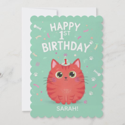 Cute Orange Tabby Cat 1st Birthday | Customizable Einladung (Vorderseite)