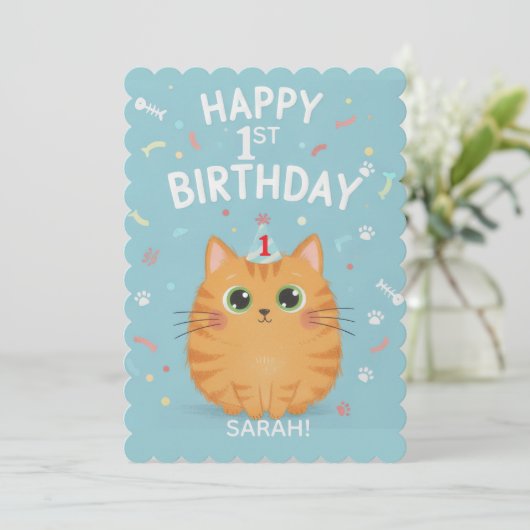 Cute Orange Tabby Cat 1st Birthday | Customizable  Einladung (Stehend Vorderseite)