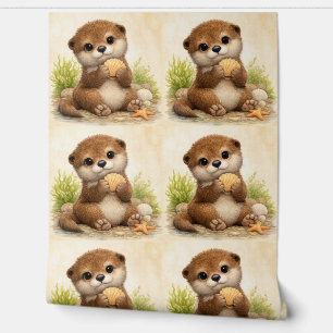 Cute Otter Seashell Pattern Wallpaper Tapete
