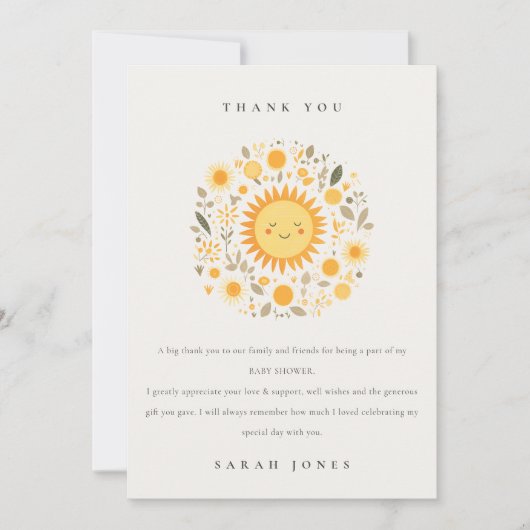 Cute Our Little Sunshine Boho Sun Baby Shower Dankeskarte (Vorderseite)